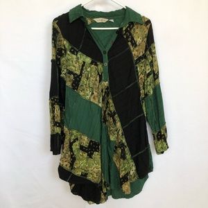 Lyng Green Tie Dye Leaf Lagenlook Rayon Artsy Dress V Neck Women’s Sz S/M.